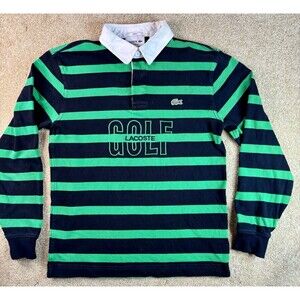 Lacoste Long Sleeve Golf Rugby Shirt Embroidered Unisex XXS Black Green Striped